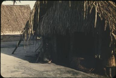 Showing details of houses: note coconut-scraping stool (2) : Mortlock Islands, Papua New Guinea, 1960 / Terence and Margaret Spencer