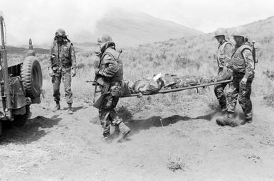 Members of Company E, 2nd Battalion, 3rd Marines, simulate the evacuation of an injured Marine during the command readiness exercise Operation ZULU WARRIOR