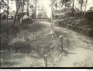Oro Bay, New Guinea. 1943-07. The road entrance to the Main Dressing Station, 10th Field Ambulance, Australian Army Medical Corps