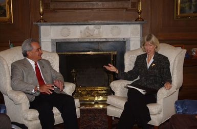 Secretary Gale Norton meeting with the Governor of American Samoa, Togiola Tulafono, left, at Department of Interior headquarters