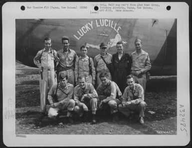 Lt. Domagalski and crew of the 43rd Bomb Group pose beside the Consolidated B-24 "Lucky Lucille" at Dobodura Airstrip, Papua, New Guinea. (U.S. Air Force Number 72374AC)