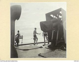 MIOS WUNDI, DUTCH NEW GUINEA. 1944-11-17. RATINGS EXERCISING ON THE FOREDECK OF THE ROYAL AUSTRALIAN NAVY CORVETTE HMAS GLENELG