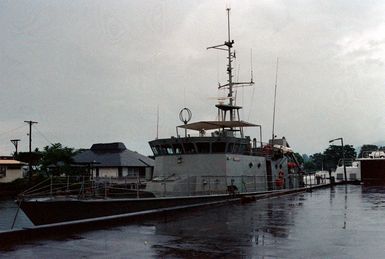 The Western Samoan patrol boat NAFANUA lies tied up at the pier. The NAFANUA is an Australian Shipbuilding Industries Model 315 patrol boat provided to Western Samoa by the Australian government.