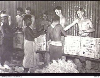 LAE, NEW GUINEA, 1946-01-11. MEMBERS OF AUSTRALIAN ARMY CANTEENS SERVICE BULK STORES CHECKING CASES OF BEER FOR BREAKAGES