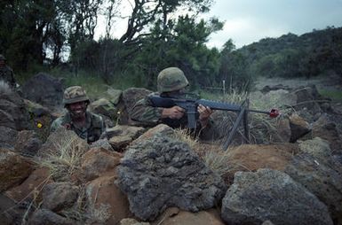 A member of the 45th Support Group sets his M16 rifle up to fire from an outcropping of rock during the 21st Infantry Division's annual Army training and evaluation program and field training exercise