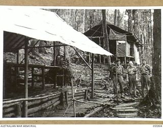 SKINDEWAI, NEW GUINEA, 1943-08-13. TROOPS OF THE 2/6TH BATTALION, PHOTOGRAPHED AT THE STAGING CAMP. LEFT TO RIGHT:- SX18865 PRIVATE CHEETHAM; VX33453 PRIVATE A. J. WRIGHT; VX11789 CORPORAL J. ..