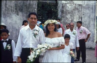Bride and groom outside church, Rarotongan wedding