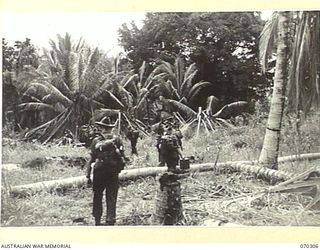 WEBER POINT, MALALAMAI, NEW GUINEA, 1944-02-09. MEMBERS OF "B" COMPANY, 30TH INFANTRY BATTALION, ALONG THE TRACK BETWEEN WEBER POINT AND MALALAMAI. THEY HAVE BEEN ADVANCING FROM ROINJI (2) OVER ..