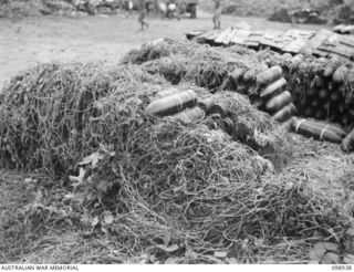 RABAUL, NEW BRITAIN. 1945-11-20. A STACK OF 150 MM SHELLS COVERED WITH WEEDS AND VINES AT A JAPANESE AMMUNITION DUMP, NOW IN 11 DIVISION AREA