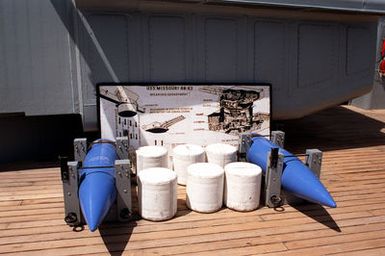 Projectiles and powder bags are displayed aboard the battleship USS MISSOURI (BB-63) during the ship's visit to the naval station. The MISSOURI has stopped at Pearl Harbor during its return voyage to Naval Station, Long Beach, Calif., after serving in the Persian Gulf region during Operation Desert Shield and Operation Desert Storm.