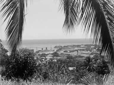 [View of coastal town and moored steamships in Tahiti]