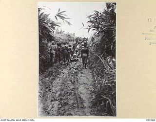 KIARIVU, NEW GUINEA, 1945-08-11. A 75MM GUN BEING HAULED UP THE BIG ROAD TO A POSITION 300 YARDS EAST OF THE EMERGENCY LANDING GROUND WHERE DIRECT FIRE CAN BE GIVEN ONTO THE SOUTHERN END OF THE ..