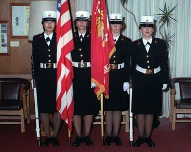 A Color Guard poses during a cake cutting ceremony that marks the 208th Anniversary of the Marine Corps