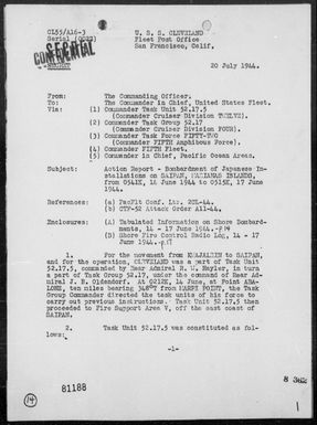 USS CLEVELAND - Report of Bombardments of Saipan Island, Marianas - Period 6/14-17/44