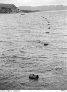 BOERA POINT, NEW GUINEA. 1943-10-01. DRUMS WITH THE MARINE CABLE ATTACHED BEING TOWED FROM THE SS MERNOO TO THE SHORE