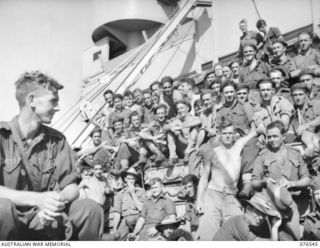 Members of the 36th Australian Infantry Battalion aboard the Dutch troopship “SWARTENHONDT” en route to New Britain, 6 October 1944 to 8 October 1944.
1. V68452 Private (Pte) Benjamin Garsed ..