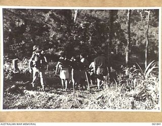 KOKODA TRAIL, NEW GUINEA. 1943-12-19. MEN OF THE 2/9TH AUSTRALIAN INFANTRY BATTALION AND NATIVE CARRIERS ACTING AS EXTRAS DURING THE FILMING OF "RATS OF TOBRUK BY CHAUVEL'S PRODUCTIONS