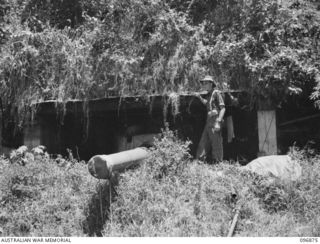 PRAED POINT, NEW BRITAIN. 1945-09-15. LT A.T. SCOTT, 37/52 INFANTRY BATTALION, INSPECTING ONE OF THE 6-INCH GUNS IN PRAED POINT FORTRESS AREA. THE UNIT IS OCCUPYING THE AREA FOLLOWING THE JAPANESE ..