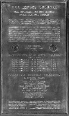 A view of a plaque hung inside the USS ARIZONA Memorial