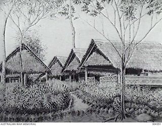 ORO BAY, NEW GUINEA. 1943-01. PHOTOGRAPH OF A DRAWING BY JOHN MCBRYDE DEPICTING THE HUT OF THE NAVAL OFFICER-IN-CHARGE AND THE REBUILT RAN OFFICERS CAMP AFTER CLEARING BAMBOO AND LAYING OUT ..