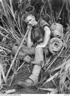 1944-03-23. NEW GUINEA. THE THOUGHTS OF PRIVATE KINGSLEY MACALISTER OF CROYDON, SA, LOOK, ON THE SURFACE, TO BE UNFIT FOR PUBLICATION. HE THREW HIMSELF DOWN FOR A SPELL ON THE SIDE OF A MUDDY TRACK ..