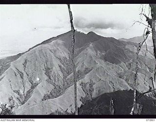 SHAGGY RIDGE, RAMU VALLEY, NEW GUINEA. 1944-06-18. VIEW FROM THE RIDGE OVERLOOKING THE VALLEY, WITH PROTHERO 1 TO THE RIGHT. A PATROL FROM 11TH DIVISION CARRIER COMPANY (NOT SHOWN) IS ACCOMPANYING ..