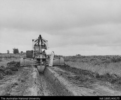 Mr J D McLauchlan inspects a drain dug by a Cuthbertson Drainage Plough pulled by a Caterpillar D7 tractor, Field One, Lakena Estate