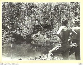 BOUGAINVILLE ISLAND. 1945-02-12. A BULLDOZER OF THE 5TH FIELD COMPANY, BEING USED ON THE CONSTRUCTION OF A NEW SECTION OF THE MOSIGETTA ROAD TO BY PASS A LARGE BOMB CRATER ONE OF THE RESULTS OF A ..