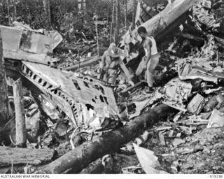 Wau-Mubo Area. Near the Mubo track is the wreckage of transport aircraft. The aircraft chrashed while transporting food and ammunition to forward areas. Supplies are dropped to troops. (Negative by ..