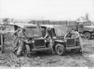 CAPE WOM, WEWAK AREA, NEW GUINEA. 1945-09-15. PERSONNEL OF HEADQUARTERS 6 DIVISION CARRYING OUT MAINTENANCE ON JEEPS. IDENTIFIED PERSONNEL ARE:- DRIVER H.H. CHANDLER (1); DRIVER C.L. CUMMINGS (2); ..