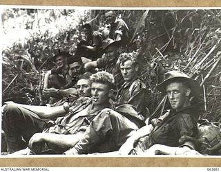 SHAGGY RIDGE AREA, NEW GUINEA. 1944-01-10. MEMBERS OF NO. 10 PLATOON, 2/12TH INFANTRY BATTALION PAUSE FOR A SPELL ON THE TRACK FROM GUY'S POST TO MCCULLOUCH'S RIDGE. IDENTIFIED PERSONNEL ARE: ..
