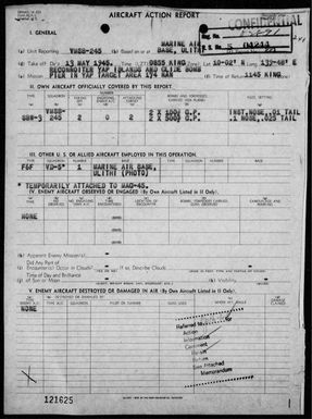 VMSB-245 - ACA rep #221 - Reconnaissance, bombing & strafing targets in the Yap Area, Carolines on 5/13/45