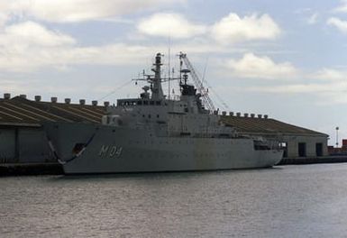 The Swedish minelayer CARLSKRONA (M-04) lies tied up during a visit to the naval station. The CARLSKRONA is also used as a midshipmen's training ship.