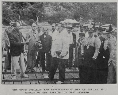 The town officials and representative men of Levuka, Fiji, welcoming the premier of New Zealand