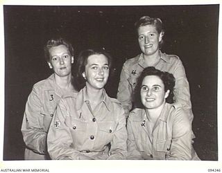 PALMALMAL PLANTATION, JACQUINOT BAY, NEW BRITAIN. 1945-07-17. MEMBERS OF THE AUSTRALIAN ARMY MEDICAL WOMEN'S SERVICE WHO ATTENDED A SPECIAL DANCE AT THE AUSTRALIAN ARMY MEDICAL WOMEN'S SERVICE ..