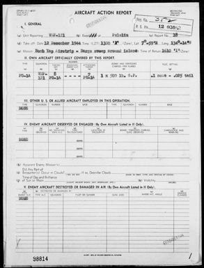 VMF-121 - ACA Rep #18 - Bombing of Yap Airstrip & Barge Sweep Around Yap Is, Carolines 12/12/44
