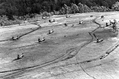 An aerial view of Marine CH-46 Sea Knight helicopters operating in a landing zone during a composite squadron training exercise. The helicopters are based at Marine Corps Air Station, Kaneohe Bay