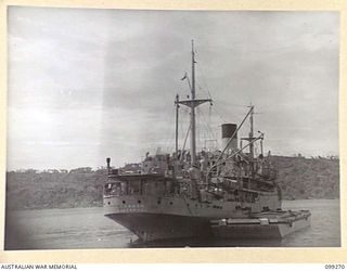 RABAUL, NEW BRITAIN, 1945-11-30. THE SS CHARON AT ANCHOR IN SIMPSON HARBOUR