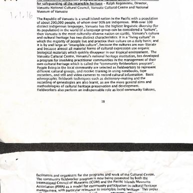 Ralph Regenvanu, Director, Vanuatu National Cultural Council, Vanuatu Cultural Centre and National Museum of Vanuatu. The community fieldworker program of the Vanuatu Cultural Centre as a model for safeguarding of the intangible heritage.