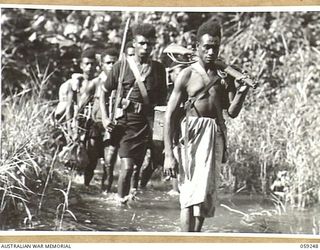 AYR, NEW GUINEA, 1943-10-21. A LINE UP OF AUSTRALIAN AND NEW GUINEA ADMINISTRATIVE UNIT NATIVE CARRIERS CROSSING A SHALLOW RIVER BETWEEN WIDERU AND AYR