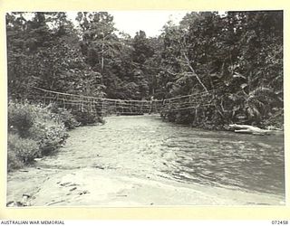 MAMBARE RIVER, NEW GUINEA. 1944-04-15. TX15316 SIGNALMAN M.J. BRAIN, 24TH LINE SECTION, 18TH LINES OF COMMUNICATION SIGNALS, (1), CROSSING THE RIVER ON A SUSPENSION BRIDGE