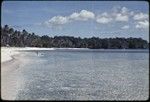 Beach on Kiriwina near Kaibola village, fringed with coconut palms, people bath in shallow clear water