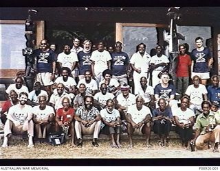 HONIARA, SOLOMON ISLANDS, 1987-07. GROUP PORTRAIT OF PARTICIPANTS IN THE "PACIFIC RECOLLECTIONS OF WORLD WAR II" CONFERENCE, HELD FROM 1987-06-29 TO 1987-07-03. IDENTIFIED ARE, STANDING, FROM LEFT: ..