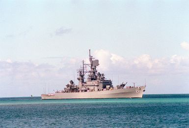 A starboard bow view of the guided missile cruiser USS GRIDLEY (CG-21) off the coast of Hawaii.