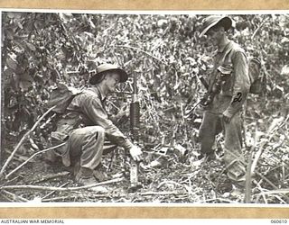 SATTELBERG AREA, NEW GUINEA. 1943-11-17. VX82919 PRIVATE L. M. MCDONALD OF MELBOURNE, VIC (LEFT), AND SX15895 PRIVATE C. A. RIDLEY OF ADELAIDE, SA (RIGHT), BOTH OF THE 2/48TH AUSTRALIAN INFANTRY ..