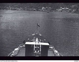 RABAUL, NEW BRITAIN, 1946-03-07. THE FORE DECK OF THE HMAS BARCOO (K375), ROYAL AUSTRALIAN NAVY