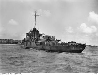 Nauru Island, South Pacific. 1945-09-16. The Royal Australian Navy frigate Diamantina which lead the occupying convoy to Nauru Island and provided the platform on which the Japanese surrender ..