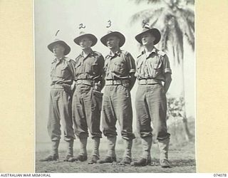 SIAR, NEW GUINEA. 1944-06-21. OFFICERS OF A COMPANY, 57/60TH INFANTRY BATTALION. IDENTIFIED PERSONNEL ARE:- NX137778 LIEUTENANT W.R. TEARNE (1); VX81103 MAJOR W. MCCALL, OFFICER IN CHARGE (2); ..