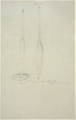 [Angas, George French] 1822-1886 :Canoe paddle, Pelew Isles - they steer forward with the other oar; Baler for canoe [Between 1844 and 1860]
