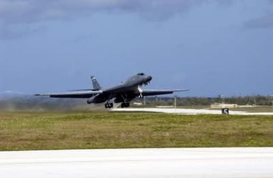 A US Air Force (USAF) B-1B Lancer Bomber, deployed from Dyess Air Force Base (AFB), Texas, takes off from Andersen AFB, Guam, in support of the 7th Air Expeditionary Wing's mission